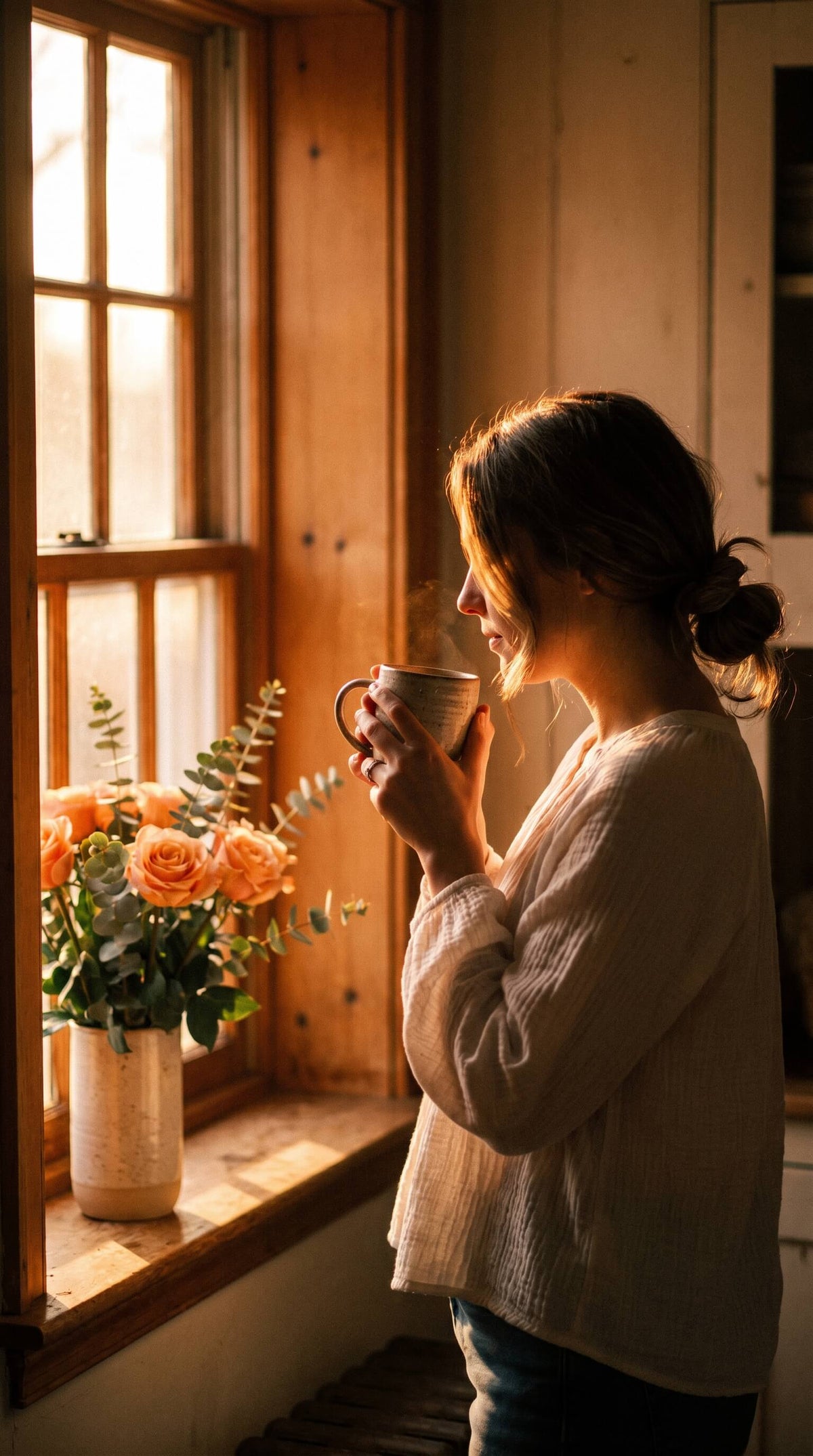 Femme en périménopause prenant un moment à sa fenêtre avec une tasse d'infusion CacaoCare