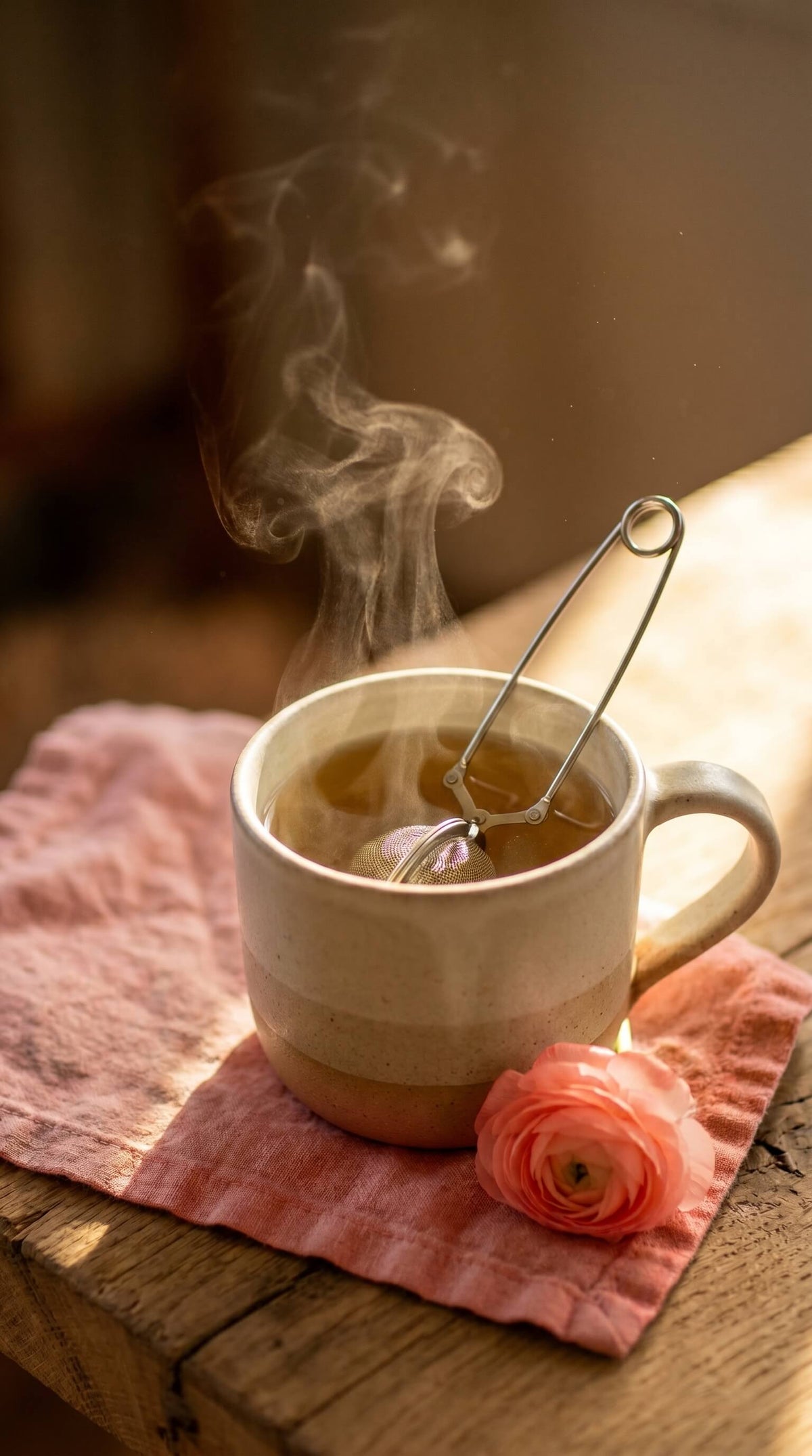 Tasse fumante d'infusion cacao et plantes CacaoCare, avec sa boule à thé