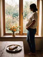 Femme enceinte près d'une fenêtre, une tartine de Cycle Cocon posée sur la table
