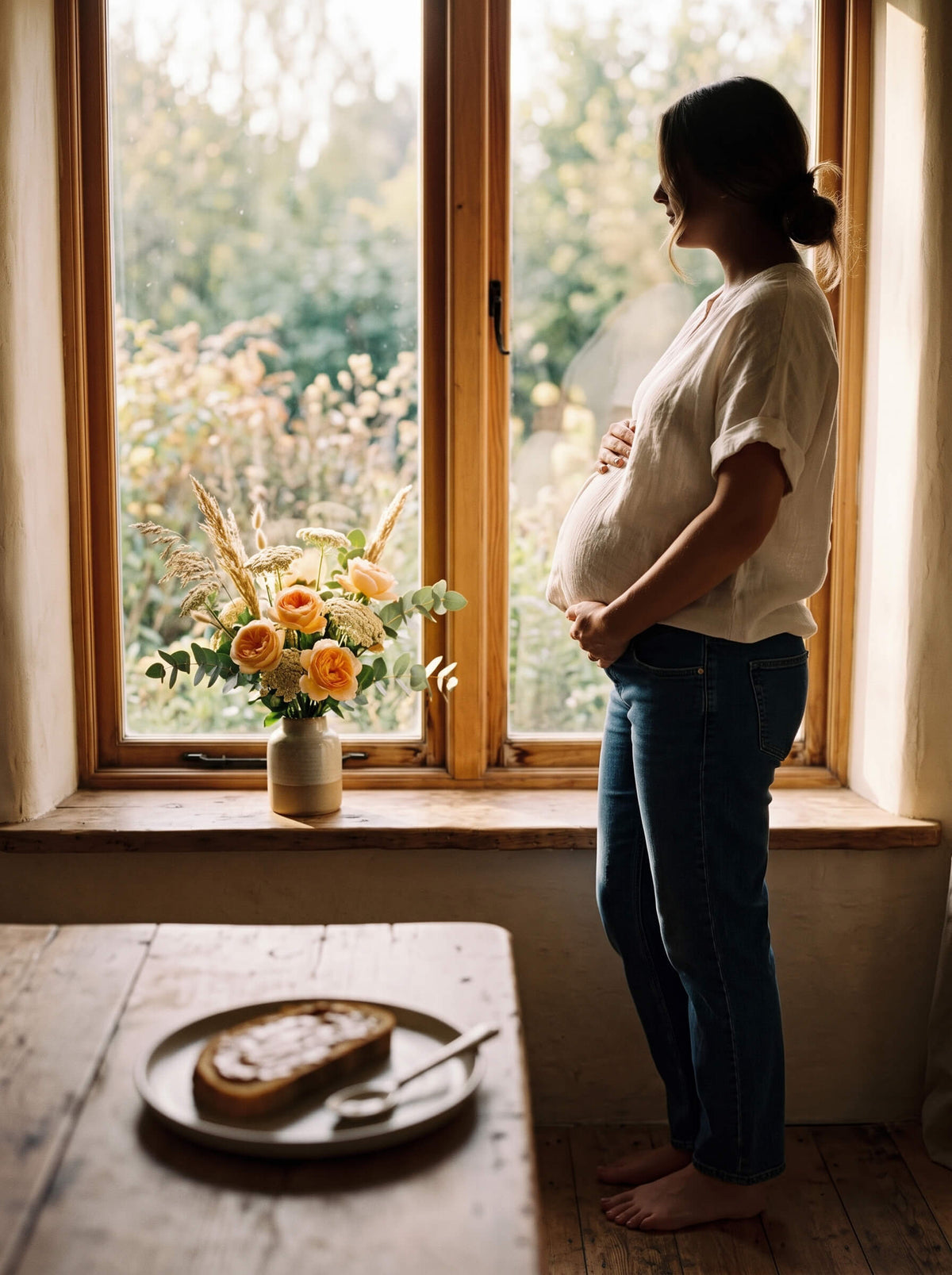 Femme enceinte près d'une fenêtre, une tartine de Cycle Cocon posée sur la table